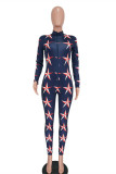 Dark Blue Fashion Casual Print Basic Zipper Collar Regular Jumpsuits
