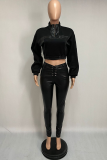 Black Sexy Print Patchwork Zipper Collar Long Sleeve Two Pieces
