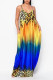 Yellow Blue Sexy Gradual Change Print Patchwork Spaghetti Strap A Line Dresses