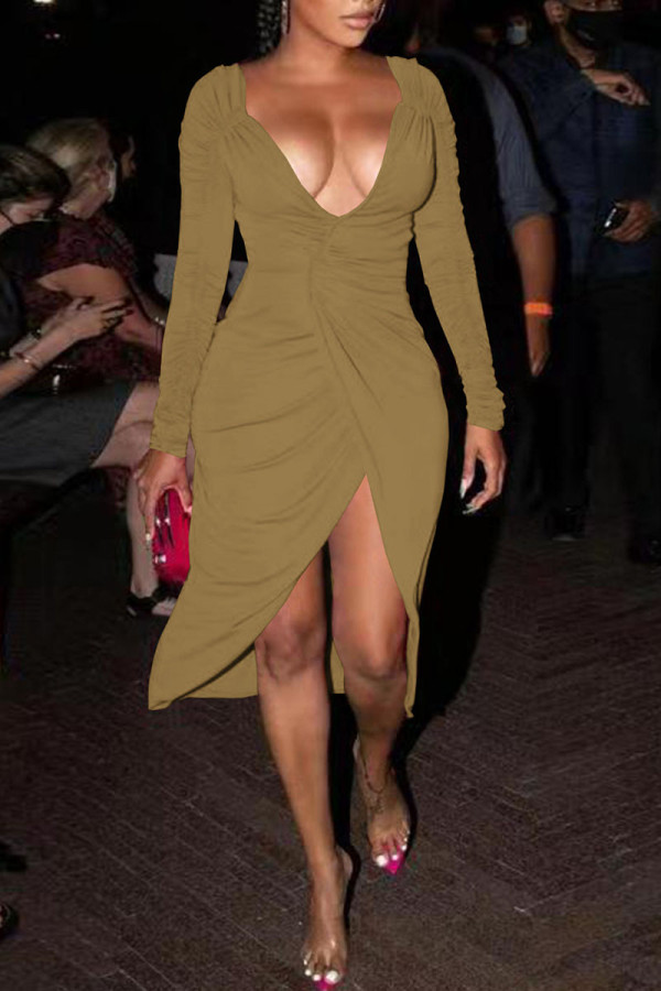 Khaki Sexy Solid Patchwork Fold Asymmetrical V Neck A Line Dresses