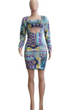 Blue Sexy Print Hollowed Out Patchwork Asymmetrical Collar Long Sleeve Two Pieces