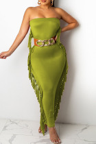 Ink Green Casual Solid Tassel Split Joint Strapless One Step Skirt Dresses(Without Belt)
