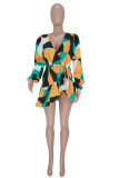 Orange Fashion Casual Print Basic V Neck Long Sleeve Dresses