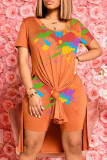 Orange Fashion Casual Print Slit O Neck Short Sleeve Two Pieces