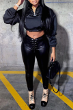 Black Sexy Print Patchwork Zipper Collar Long Sleeve Two Pieces