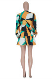 Orange Fashion Casual Print Basic V Neck Long Sleeve Dresses