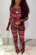Burgundy Fashion Casual Striped Print Basic O Neck Long Sleeve Two Pieces