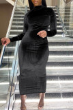Black Fashion Casual Solid Patchwork Zipper Half A Turtleneck Long Sleeve Dresses