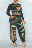 Dark Gray Sexy Casual Print Hollowed Out O Neck Long Sleeve Two Pieces