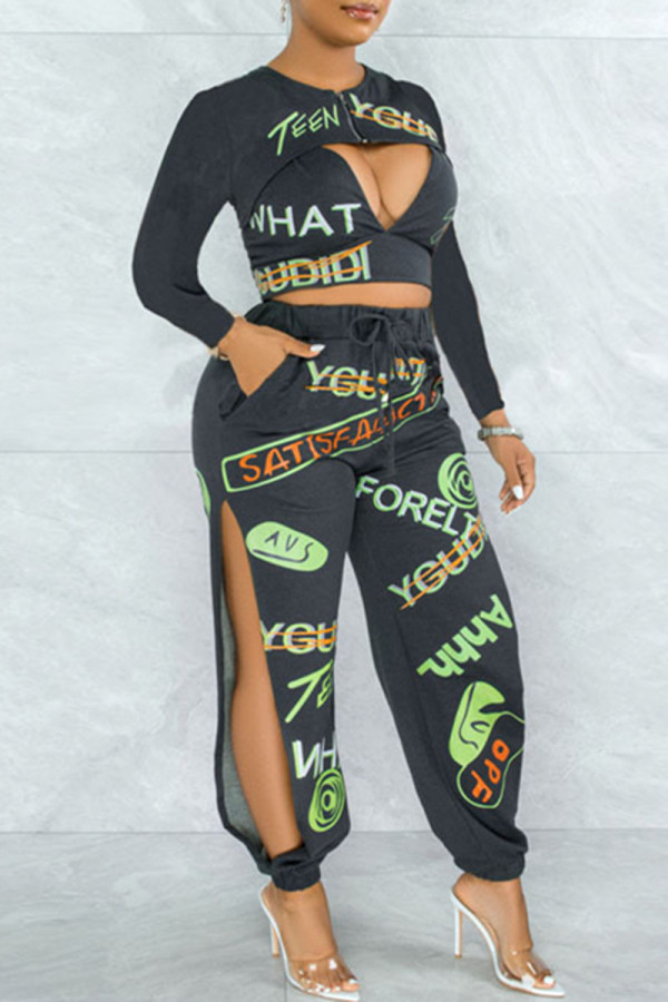 Dark Gray Sexy Casual Print Hollowed Out O Neck Long Sleeve Two Pieces