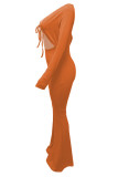 Orange Sexy Casual Solid Bandage Hollowed Out V Neck Regular Jumpsuits