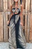 Black Casual Print Hollowed Out Patchwork Halter Straight Jumpsuits