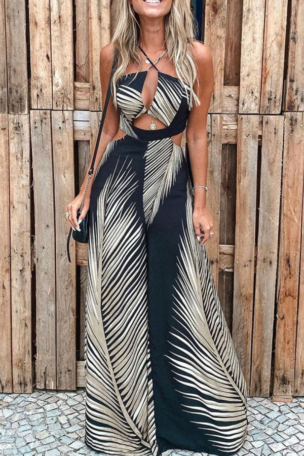 Black Casual Print Hollowed Out Patchwork Halter Straight Jumpsuits