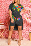 White Fashion Casual Print Slit O Neck Short Sleeve Two Pieces