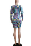 Blue Sexy Print Hollowed Out Patchwork Asymmetrical Collar Long Sleeve Two Pieces