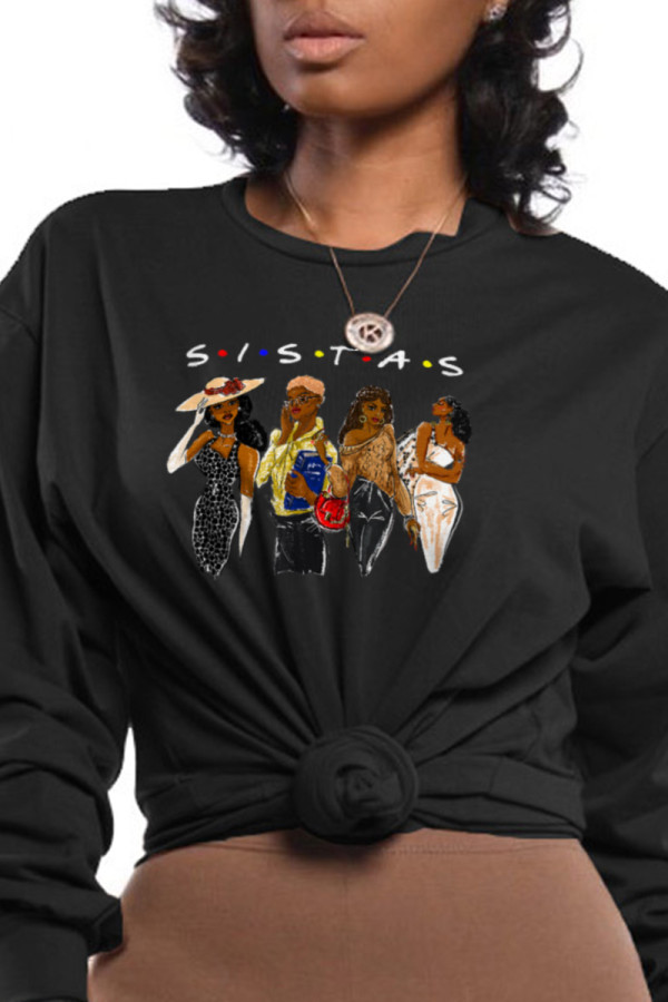 Black Street Sportswear Print Patchwork O Neck Tops