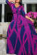 Blue Purple Fashion Casual Print Bandage V Neck Long Sleeve Dresses