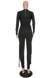 Black Fashion Casual Solid Fold O Neck Skinny Jumpsuits