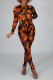 Orange Sexy Print Hollowed Out O Neck Long Sleeve Two Pieces