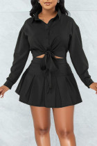 Black Casual Solid Split Joint Buckle Turndown Collar Long Sleeve Two Pieces