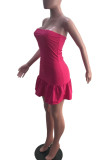 Rose Red Sexy Solid Split Joint Strapless A Line Dresses