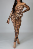 Leopard Print Sexy Print Patchwork Off the Shoulder Long Sleeve Two Pieces