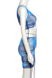 Blue Sexy Print Patchwork One Shoulder Sleeveless Two Pieces
