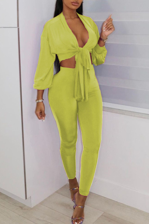 Yellow Sexy Solid Bandage Patchwork V Neck Three Quarter Two Pieces