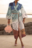Blue Fashion Casual Print Patchwork Turndown Collar Outerwear(Without Belt)