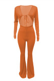 Orange Sexy Casual Solid Bandage Hollowed Out V Neck Regular Jumpsuits