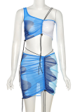 Blue Sexy Print Patchwork One Shoulder Sleeveless Two Pieces