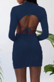 Blue Sexy Solid Hollowed Out Half A Turtleneck Pencil Skirt Dresses