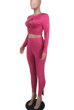 Pink Sexy Solid Hollowed Out Patchwork Fold O Neck Long Sleeve Two Pieces