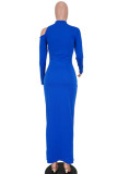 Blue Fashion Sexy Solid Hollowed Out Half A Turtleneck Long Sleeve Dresses