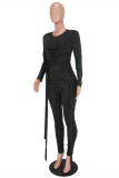 Black Fashion Casual Solid Fold O Neck Skinny Jumpsuits