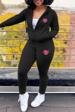 Black Fashion Casual Print Cardigan Pants Hooded Collar Long Sleeve Two Pieces
