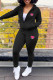 Black Fashion Casual Print Cardigan Pants Hooded Collar Long Sleeve Two Pieces