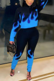 Blue Casual Print O Neck Long Sleeve Two Pieces