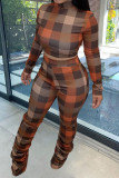 Brown Casual Plaid Print Patchwork Fold Half A Turtleneck Long Sleeve Two Pieces