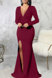 Red Elegant Solid Patchwork High Opening V Neck Evening Dress Dresses