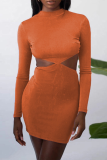 Tangerine Red Sexy Solid Hollowed Out Half A Turtleneck Pencil Skirt Dresses