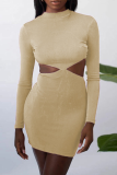 Dark Brown Sexy Solid Hollowed Out Half A Turtleneck Pencil Skirt Dresses