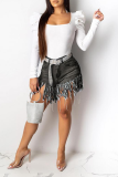 Black Denim Button Fly Sleeveless Mid Solid Old Patchwork Tassel washing Straight shorts