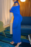 Blue Fashion Sexy Solid Hollowed Out Half A Turtleneck Long Sleeve Dresses