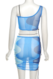 Blue Sexy Print Patchwork One Shoulder Sleeveless Two Pieces