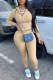 Khaki Casual Solid Patchwork Hooded Collar Long Sleeve Two Pieces