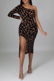 Black Fashion Sexy Print Backless Slit Oblique Collar Long Sleeve Dresses