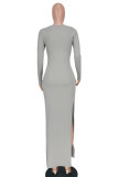 Grey Sexy Casual Solid Bandage Slit Square Collar Long Sleeve Dresses