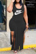 Black Fashion Casual Print Patchwork O Neck Sleeveless Two Pieces