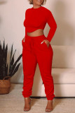 Red Fashion Casual Solid Basic O Neck Long Sleeve Two Pieces